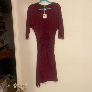 NWT Burgundy stretchy dress size large with ruching. See measurements bobi brand